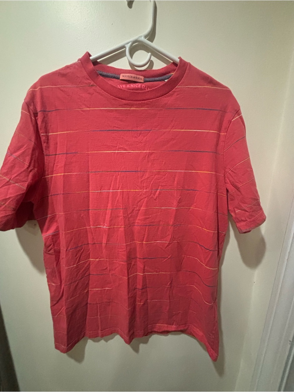 Scotch & Soda Red Short-Sleeve Crewneck with Subtle Stripes- Mens size Large